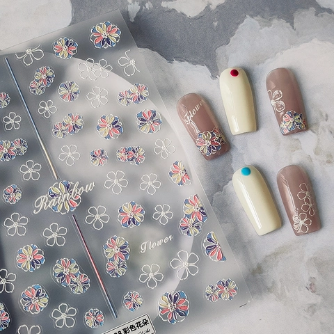 5D Embossed Nail Art Stickers Colorful Flower Rainbow Design PET Self Adhesive Decals For Manicure DIY Decoration Women