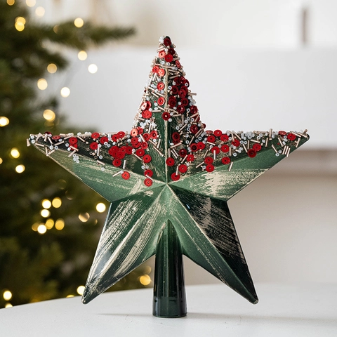 Punta Per Albero Di Natale Stella Plastica Luccicante Paillettes Perline Ornamenti Festival Decorazione Casa Stilo Vintage