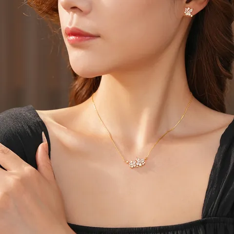 Butterfly Necklace And Earrings Jewelry Copper Gold Plated White Zirconia Sparkling Elegant For Women Silver Earring Post