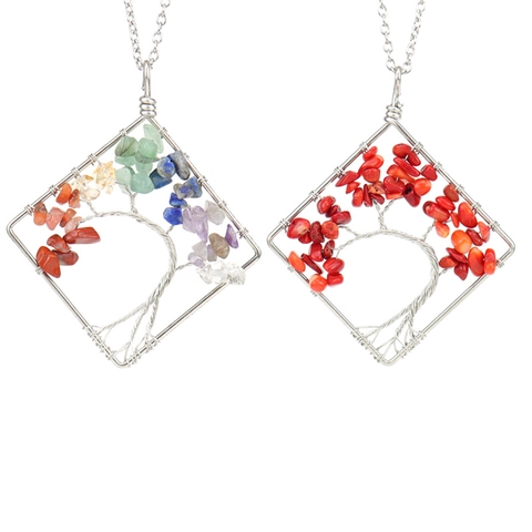 Handmade Wire Wrapped Tree of Life Square Natural Stone Crystal Pendant Necklace Bohemian Jewelry For Women Gift