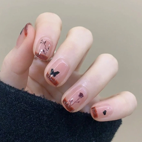French Gradient Press On Nails Acrylic Butterfly Rose Pattern Short Square Y2K Sweet Cool Style False Nails For Women