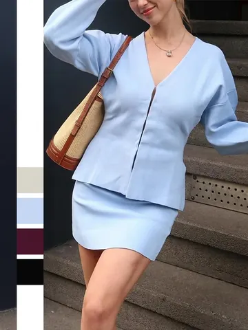 Top De Manga Larga De Punto Con Cuello En V Y Minifalda De Viscosa Poliéster Poliamida Color Sólido Elegante