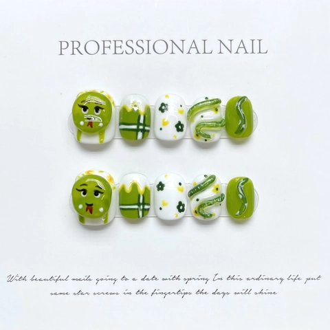 Uñas Postizas Hechas A Mano Diseño Serpiente 3D Verde Blanco Floral Uñas Artificiales Reutilizables Estilo Dulce Mujeres