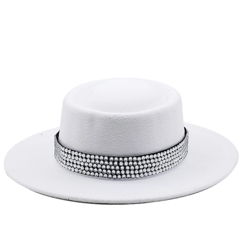 Women Wool Felt Boater Hat With Four Row Rhinestone Band Wide Flat Brim Elegant Fashion Fedora Style Headwear