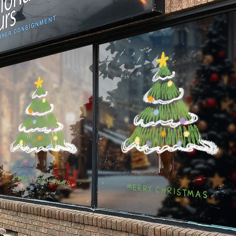 Christmas Window Stickers PVC Electrostatic Removable No Glue Double Sided Color Christmas Tree Hand Painted Style Decor