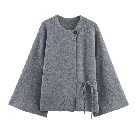 Elegante Cappotto A Mantella In Lana Grigia Da Donna Bottone Singolo Fiocco Laterale Giacca Poncho In Maglia Manica A Pipistrello