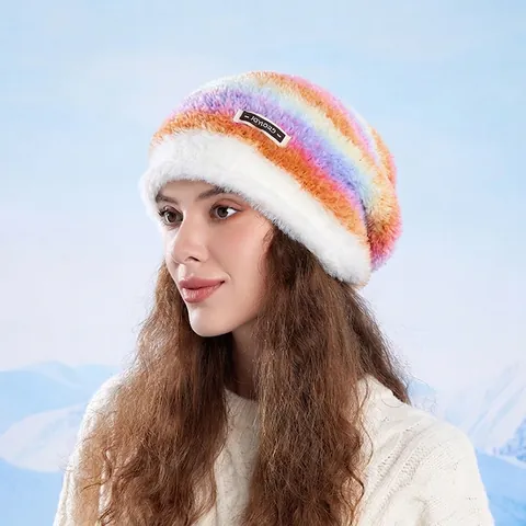 Winter Beanie Hat For Women Faux Fur Gradient Striped Knitted Plush Slouchy Warm Outdoor Windproof Cold Weather
