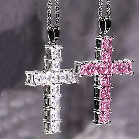 Hip Hop Stainless Steel Cross Pendant Necklace With Square Zirconia Iced Out Chain For Men Women Party Jewelry Gift