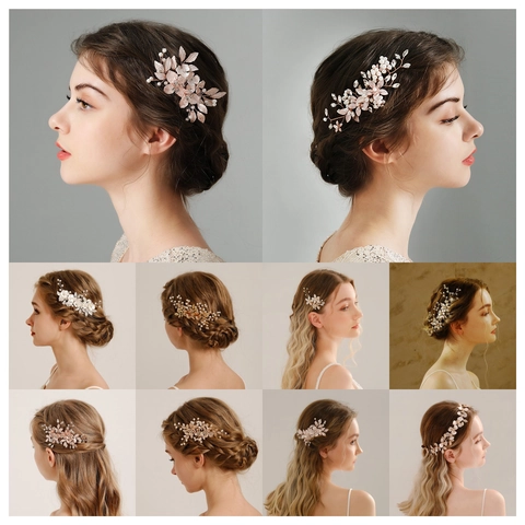 Pettine Per Capelli Da Sposa Fiore Foglia Lega Strass Perla Artificial Accessori Capelli Matrimonio Vintage Donne Elegante