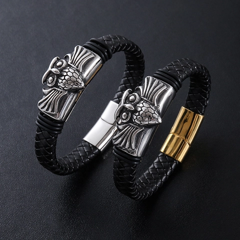 Pulsera De Cuero Trenzado De Acero Inoxidable De Búho Joyería De Estilo Gótico Punk Retro Para Hombres