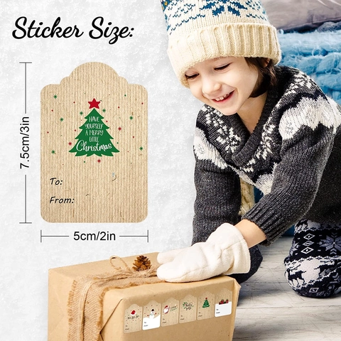 Christmas Gift Label Stickers Kraft Paper Adhesive Writable Holiday Present Decoration Santa Snowman Design Festive