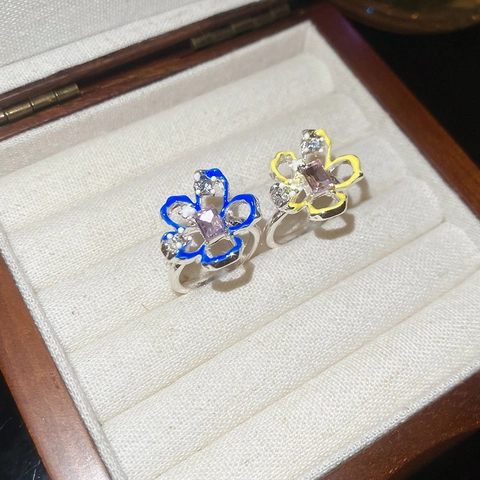 Flower Hollow Open Ring Enamel Alloy Rhinestone Rectangular Gemstone Sweet Elegant Adjustable Jewelry For Women