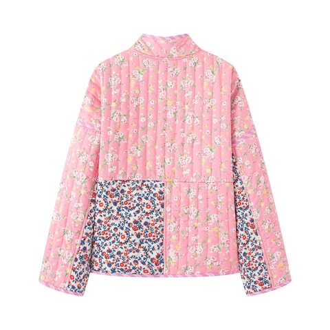 Giacca Trapuntata Reversibile Donna Floreale Quadri Patchwork Retrò Maniche Lunghe Collo Rotondo Bottoni Imbottita