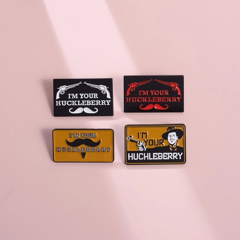 Vintage Western Cowboy Enamel Pin I'M YOUR HUCKLEBERRY Alloy Brooch Doc Holliday Mustache Revolver Badge For Jackets Bags Jewelry