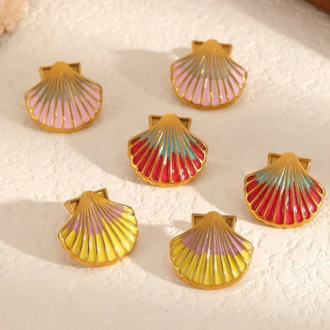 Scallop Shell Stud Earrings Gradient Colorful Enamel Stainless Steel Drip Oil Summer Ocean Style Jewelry Women