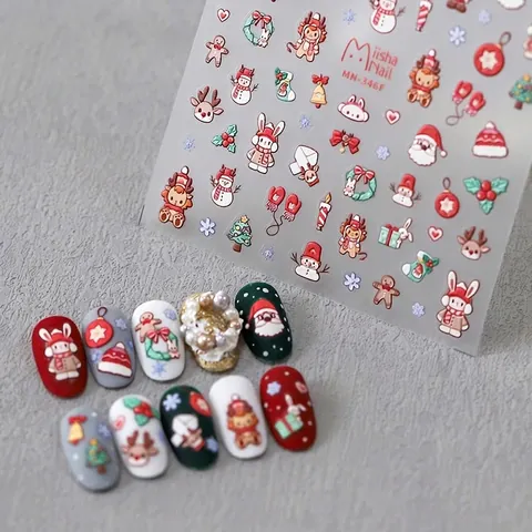 Autocollants À Ongles En Relief 3D De Noël Dessin Animé Père Noël Renne Décalcomanies De Manucure Auto-Adhésives Hiver