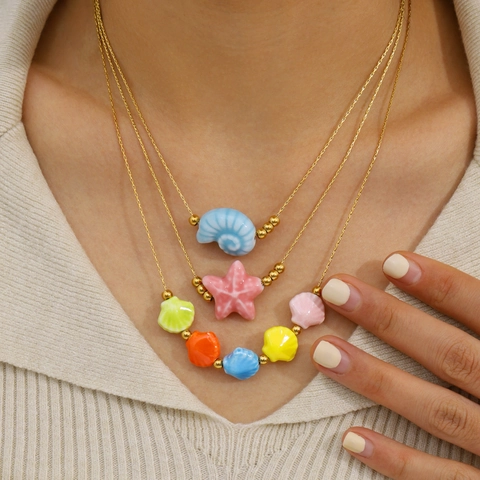 Necklace Earrings Jewelry Colorful Ceramic Shell Artificial Pearl Waterproof Hypoallergenic Stainless Steel 18K Gold Plated Ocean