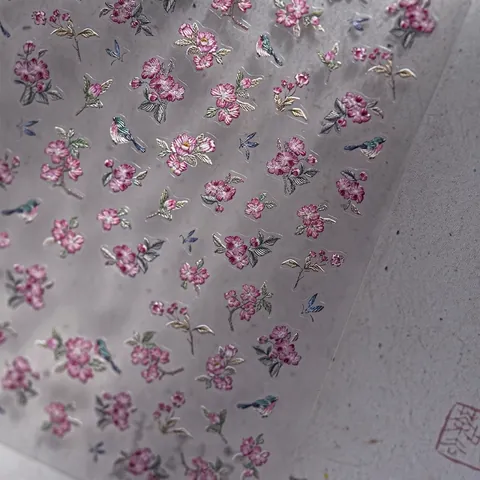Autocollants Pour Ongles En Relief 5D Fleur Rose Oiseau Bleu Style Chinois Décoration De Manucure Auto Adhésif
