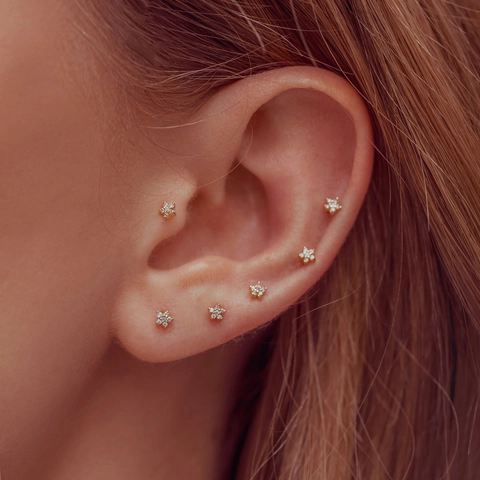 Star Moon Lightning Stud Earrings Brass Gold Plated Zircon Celestial Jewelry With Silver Earring Post For Women