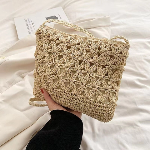 Hollow Flower Straw Woven Crossbody Bag Paper Rope Summer Beach Handcrafted Bohemian Shoulder Pouch For Women