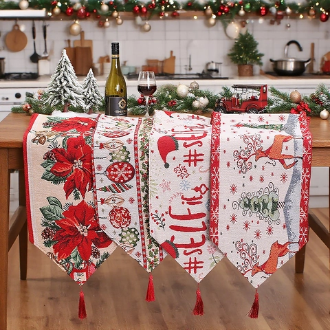 Christmas Table Runner Knitted Jacquard Fabric With Tassels Festive Reindeer Snowflake Holiday Dinner Party Table Decor