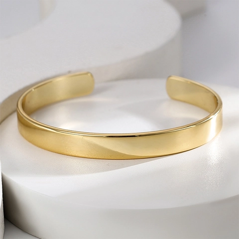 Bracelet Jonc Minimaliste en Laiton Plaqué Or 18K pour Femme Ouvert en Forme de C Ajustable Bijoux de Mode
