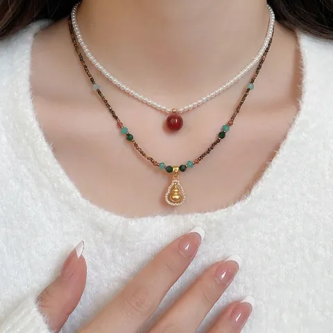 Collana Doppio Strato Nuovo Stile Cinese Rame Zircone Ciondolo Zucca Pietra Occhio Di Tigre Perla Artificial Finta Gioielli