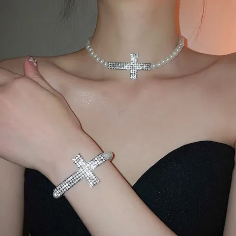 Legierung Strass Kreuz Weiße Künstliche Perle Halskette Und Armband Schmuck Silberton Mode Elegant Für Frauen