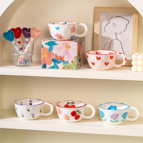 Ceramic Mug And Heart Spoon Irregular Wave Rim Hand Painted Floral Heart Pattern Ins Style Cute Drinkware Coffee Cup