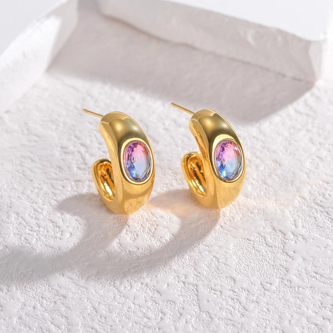 Stainless Steel C-Shaped Hoop Earrings For Women Gold Plated Oval Gradient Rhinestone Inlaid Fashion Jewelry Gift