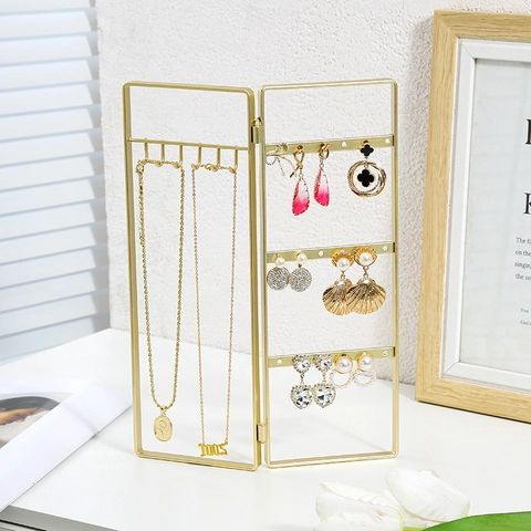 Gold Metal Jewelry Display Rack Foldable Screen Earring Organizer Stand For Necklace Bracelet Nordic Style Elegant