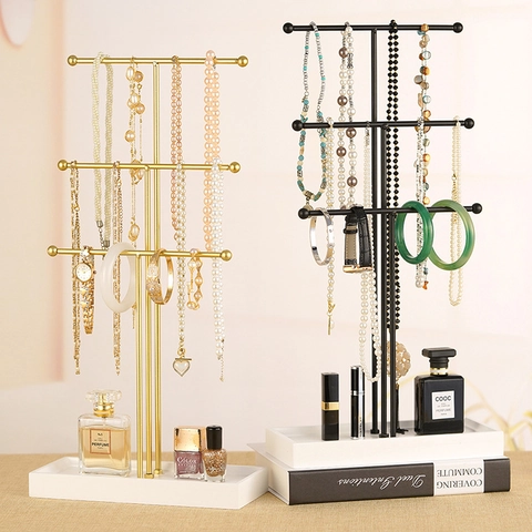 Tiered Metal Jewelry Display Stand With Wood Base Necklace Bracelet Watch Holder Organizer For Dressing Table Elegant Modern