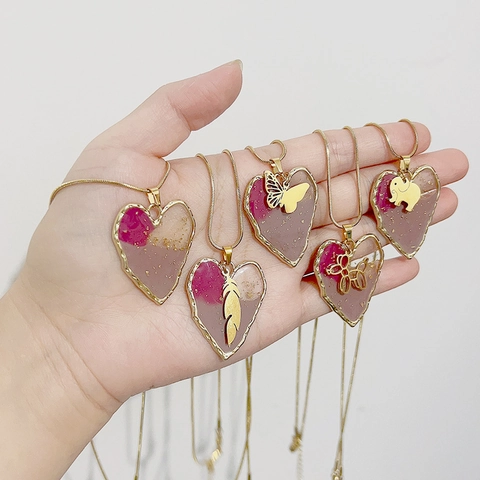 Collana Con Pendente A Cuore Acciaio Inossidabile Catena Serpente Resina Fiore Secco Foglia Oro Gioielli Clavicofla Donna