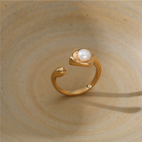 Minimalistischer Edelstahl Offener Ring Für Damen Mit Runder Künstliche Perle Eleganter PVD Vergoldeter Verstellbarer Schmuck