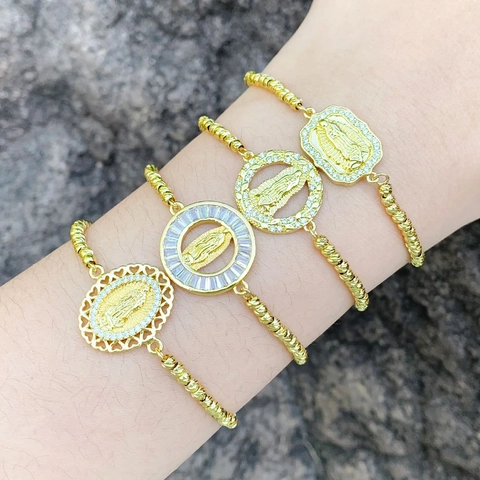 Bracciale Pendente Vergine Maria Rame Placcato Oro 18K Zircone Regolabile Catena Bolo Gioielli Per Donna Religioso