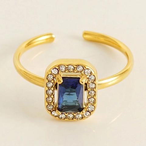 Blue Gemstone Adjustable Open Ring White Zircon Halo 18K Gold Plated Titanium Steel Vintage Elegant Jewelry Ring For Women