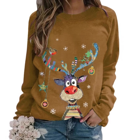 Women's Casual Christmas Reindeer Print Long Sleeve Crew Neck Loose Top Polyester T-Shirt Festive Holiday Fashion Apparel