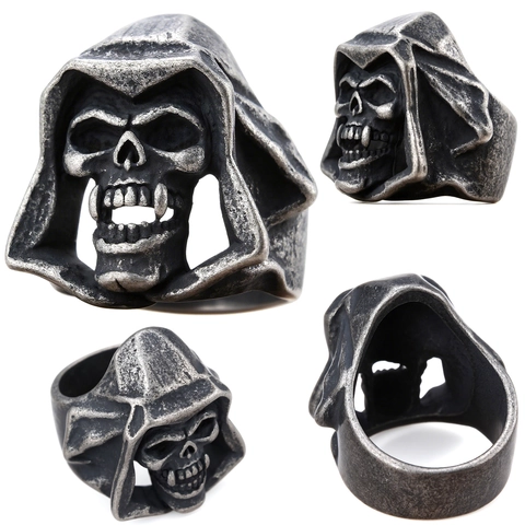 Bague Crâne À Capuche Acier Inoxydable Vintage Gothique Punk Design 3D Style Sombre Pour Homme