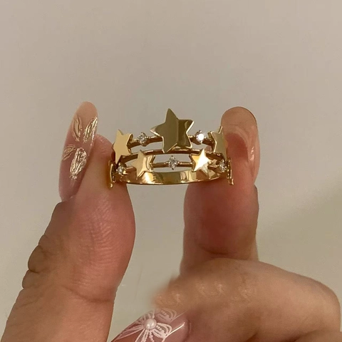Vintage Star Open Ring Copper Zircon Multi Layer Gold Color Light Luxury Jewelry For Women