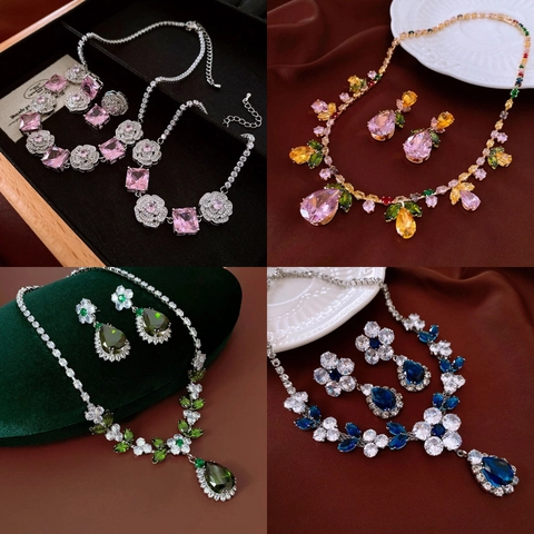 Flower Water Drop Jewelry Necklace Earrings Copper Zircon Colorful Sparkly Luxury With Silver Earring Post Wedding Party Women