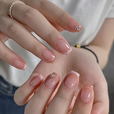 Handmade Pink French Gradient Press On Nails Blush Nude Rhinestone Ballerina Square Fake Nails