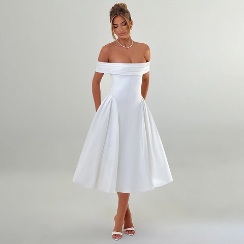 Off Shoulder Midi Dress Ruched Strapless Backless High Waist A-Line Elegant Sexy Solid Color Polyester Evening Party