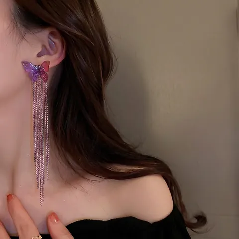 Butterfly Long Tassel Dangle Earrings Alloy Acrylic Elegant Gradient Jewelry Women With Silver Earring Post
