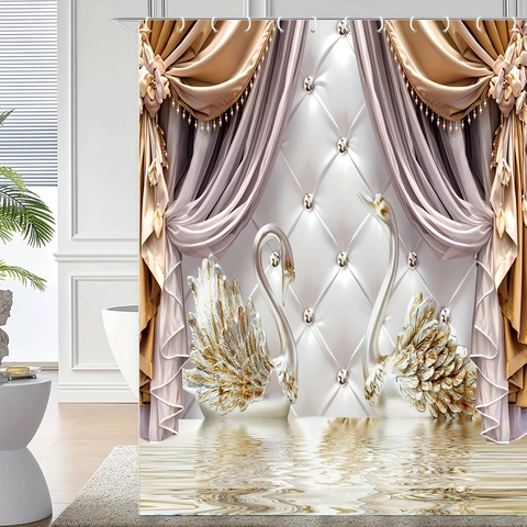 Rideau De Douche En Tissu Polyester Imperméable Motif Cygne Doré De Luxe 3D Avec Crochets Décor De Salle De Bain Style Européen