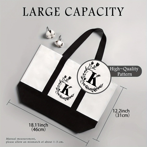 Large Canvas Tote Bag Women Floral Initial Letter Print Contrast Color Shoulder Handbag Shopping Beach Zipper Closure