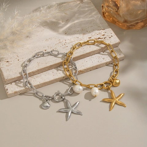 Pulsera Estrella De Mar Concha Perla Artificial Acero Inoxidable Impermeable Hipoalergénico Estilo Océano Joyas Para Mujer