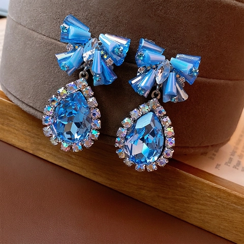 Blauwe Kristallen Strik Druppel Oorbellen Met Steentjes En 925 Sterling Zilveren Oorsteker Mode Sieraden Voor Dames