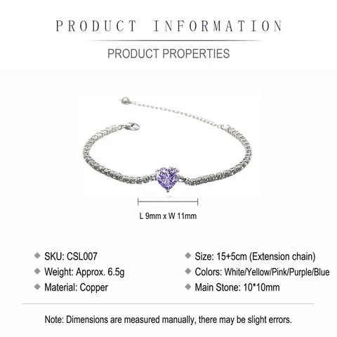 Heart Rhinestone Tennis Bracelet Copper Zircon Colorful Crystal Elegant Adjustable Luxury Fashion Jewelry Gift For Women Girls
