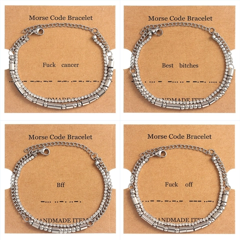 Morse Code Bracelet Stainless Steel Double Layer Rhinestone Tennis Chain Handmade Jewelry Gift For Women