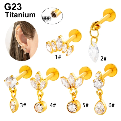 G23 Titanium Labret Studs Interne Schroefdraad Kraakbeen Oorbellen Met Heldere Zirkoon Marquise Druppel Piercing Sieraden Goud Zilver